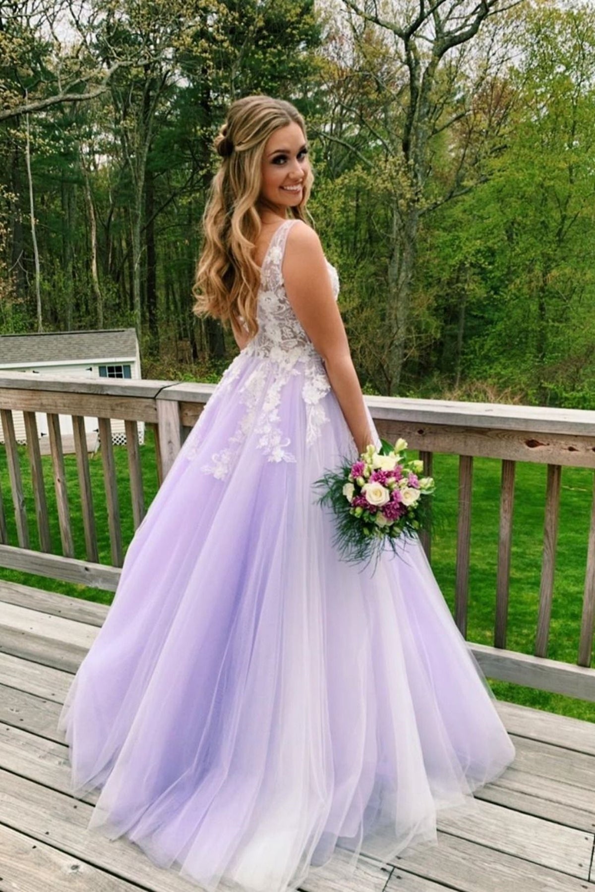 White to Purple Ombre Satin and Organza V-cut Ball Gown - Lunss
